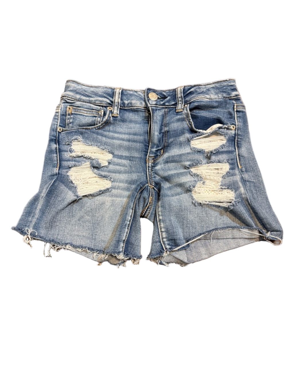 American Eagle Outfitters Light Blue Midi Distressed Denim Shorts Size 8
